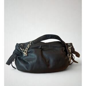 Laundry by Shelli Segal Black Leather Shoulder Bag with Silver Chain Strap
